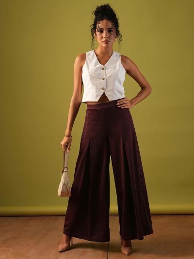 Globus Women Plum Solid Stretchable High-Rise Pleated Flared Wide Leg Workwear Treggings