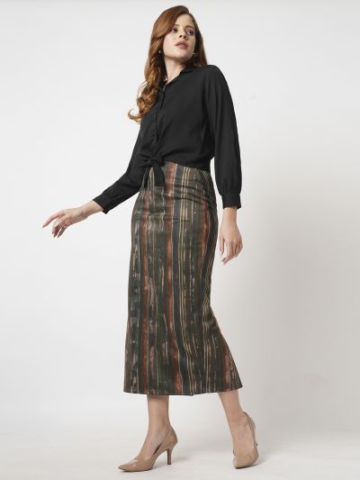 Globus Women Dark Olive High Rise Stretchable Hazy Print Back Slit Workwear Midi Pencil Skirt