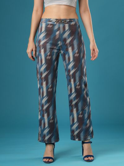 Globus Women Blue Canvas Hazy Printed Mid Rise Stretchable Straight Fit Treggings