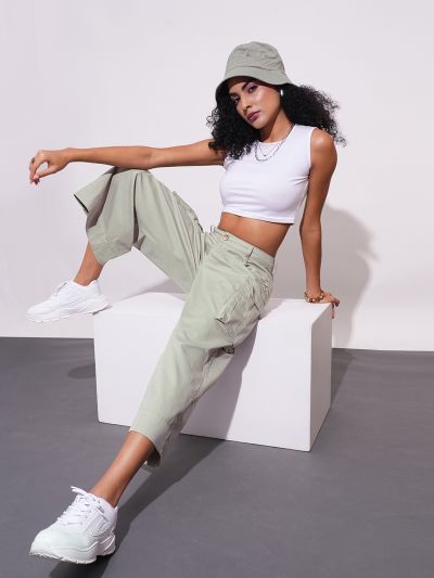 Globus Women Beige Cotton Mid-Rise Cargo Style Wide Leg Trousers