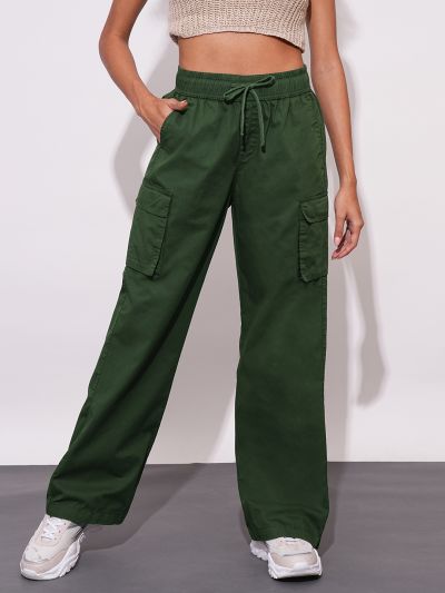 Globus Women Olive Cotton High-Rise Elasticated Waist Relaxed Fit Wide Leg Cargo Trousers