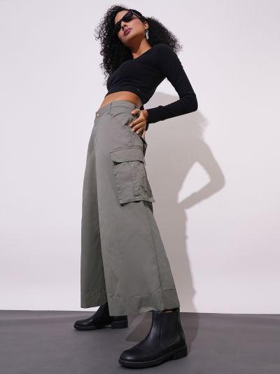 Globus Women Dark Grey Cotton Mid-Rise Cargo Style Wide Leg Trousers