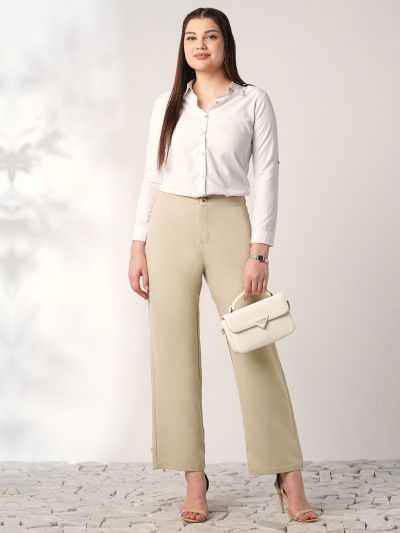 Globus Women Light Beige Mid Rise Straight Fit Adjustable Button Hem Korean Pants