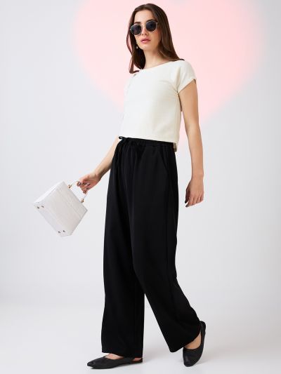 Globus Women Black Mid Rise Drawstring Waist Workwear Korean Pants