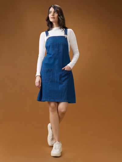 Globus Women Med Blue Square Neck Strappy Shoulder Solid Pocket Detail Above Knee Dungaree Dress