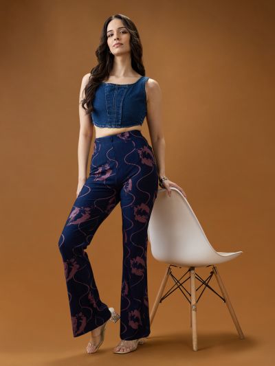 Globus Women Dark Blue Abstract Print Mid Rise Stretchable Bootcut Denim Trousers