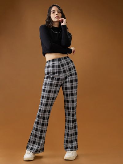 Globus Women Black Checkered Mid Rise Flared Trousers