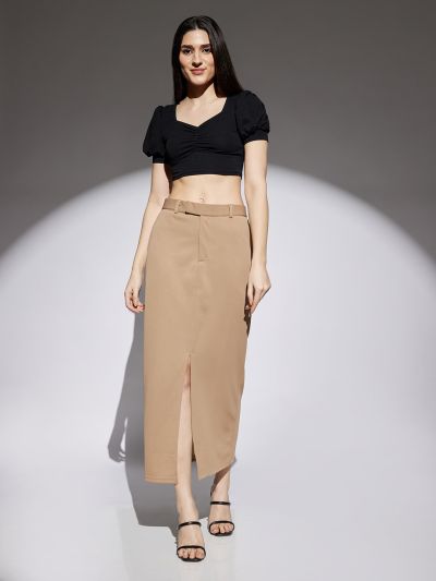 Globus Women Coffee Self Design Mid Rise Front Slit Side Pockets Belt Loops Pencil Midi Skirt