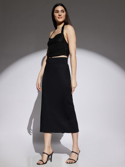 Globus Women Black Mid Rise Back Slit Stretchable Pencil Midi Skirt