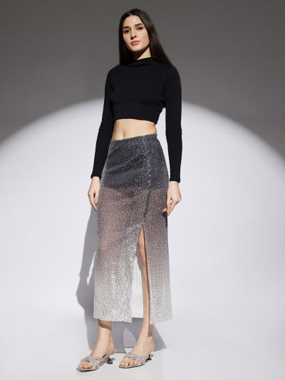 Globus Women Midnight Blue Ombre Pattern  Sequin Detail Side Slit Pencil Midi Party Skirt
