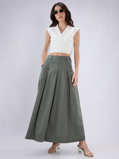 Globus Women Olive High Rise Pleated Flared Maxi Skirt with Belt Loops