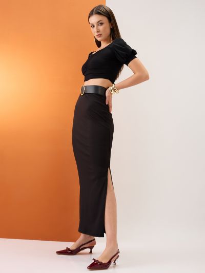 Globus Women Black High-Rise Stretchable Side Slit Maxi Pencil Skirt