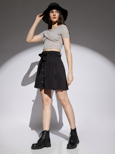 Globus Women Black Mid Rise Waist Tie-Ups Pleated A-Line Mini Skirt
