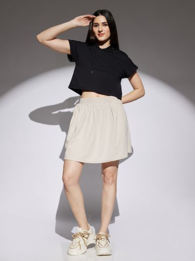Globus Women Beige Self Design Smocked & Pleated Waist A-Line Mini Skirt
