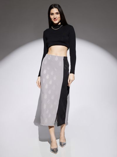 Globus Women Grey & Black Paisley Print Mid Rise Front Slit Midi Skirt