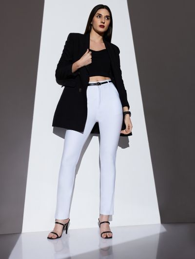 Globus Women White Mid-Rise Solid Stretchable Slim Fit Formal Trousers With Belt