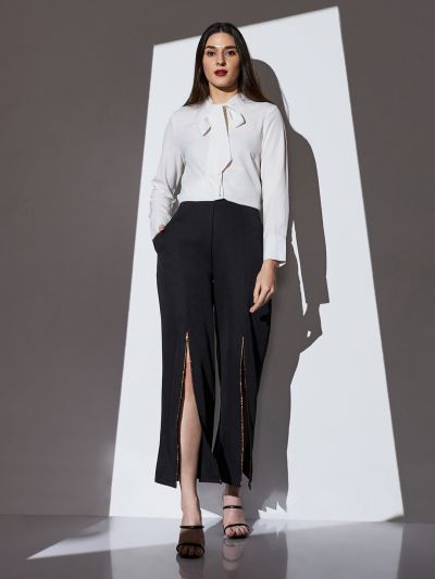 Globus Women Black Mid-Rise Shimmer Front Slit Wide Leg Party Trousers