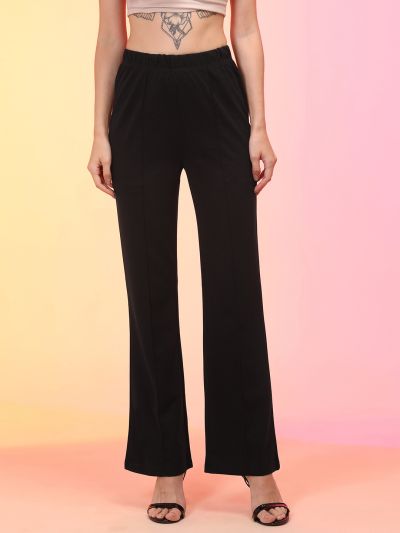 Globus Women Black Stretchable High-Rise Flat Front Bootcut Trousers