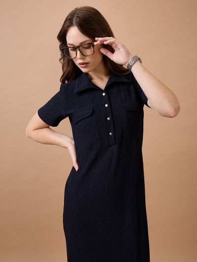 Globus Women Navy Blue Self Design Shirt Collar Pocket Detail Midi Sheath Workwear Dress