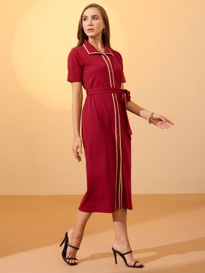 Globus Women Maroon Collared Neck Short Sleeves Belted Midi Shirt Style Workwear Dress