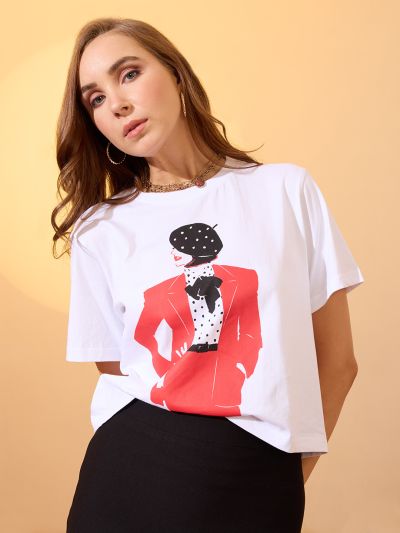 Globus Women White Round Neck Short Sleeves Graphic Print Oversized Crop T-Shirt