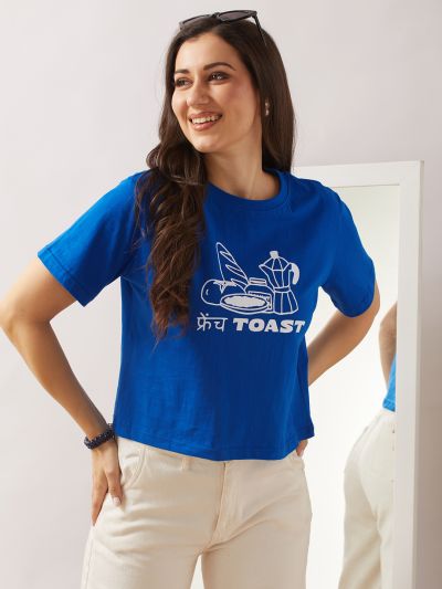 Globus Women Blue Round Neck Short Sleeves Graphic Print Oversized T-Shirt