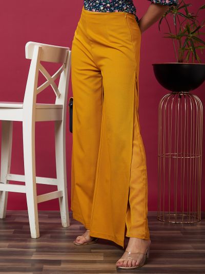 Globus Women Mustard Solid High-Rise Side Slit Loose Fit Parallel Trousers