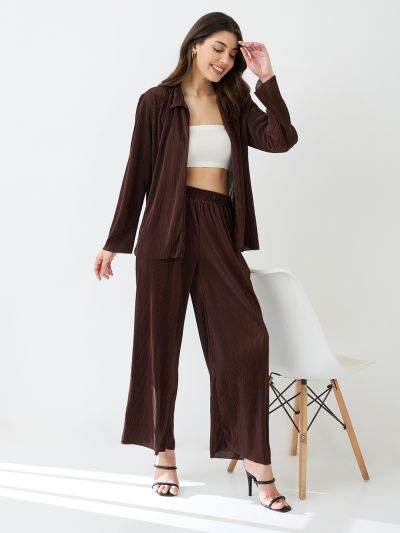 Globus Women Brown Accordion Pleats Shirt With Elasticated Wide-Leg Trousers Plisse Co-Ord Set