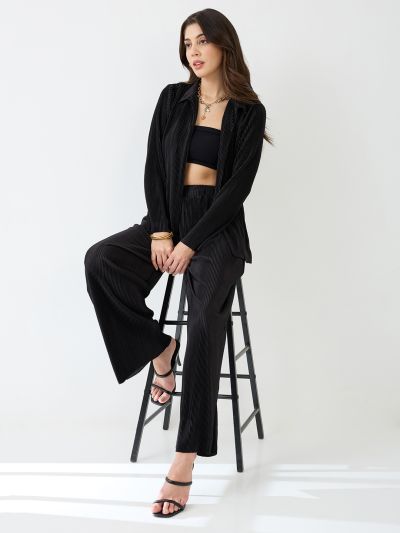 Globus Women Black Accordion Pleats Shirt With Elasticated Wide-Leg Trousers Plisse Co-Ord Set