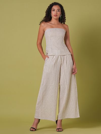 Globus Women Beige Striped Pattern Smocked Off Shoulder Top With Wide Leg Trousers Co-Ord Set