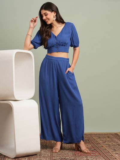 Globus Women Blue V-Neck Self Design Button Detail Crop Top with Wide Leg Trousers Co-Ord Set