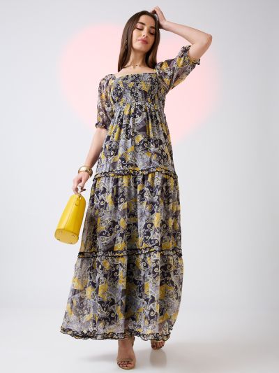 Globus Women Yellow Square Neck Puff Sleeves Ethnic Print Smocked Tiered Fit & Flare Maxi Dress