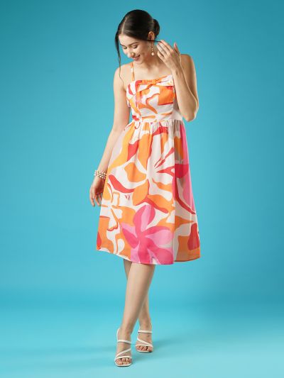 Globus Women Multi Floral Print Square Neck Shoulder Straps Bow Design Panelled Fit & Flare Midi Dress