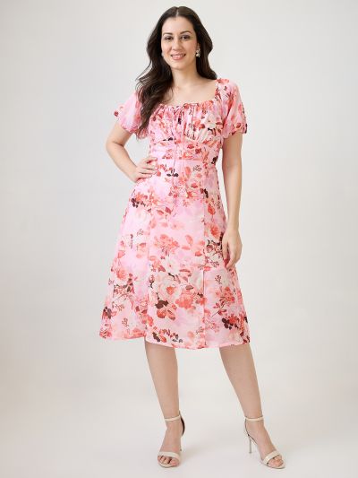 Globus Women Pink Floral Printed Tie-Up Square Neck Puff Sleeves Side Slit Fit & Flare Midi Dress