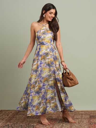 Globus Women Yellow Abstract Print Halter Neck Flared Hem A-Line Maxi Resort Dress