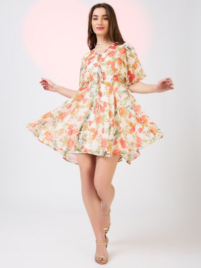 Globus Women White V-Neck Flared Sleeves Floral Print Tie-Up Detail Mini A-Line Dress