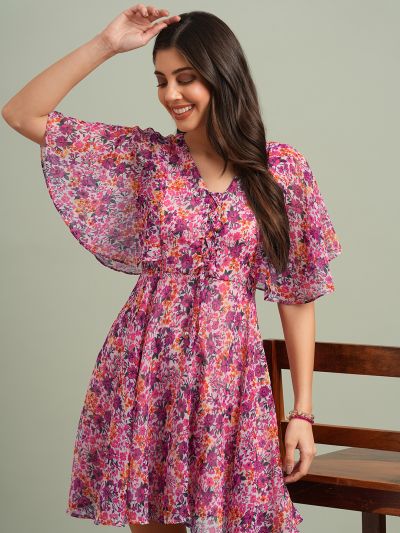 Globus Women Pink V-Neck Flared Sleeves Floral Print Tie-Up Detail Mini A-Line Dress