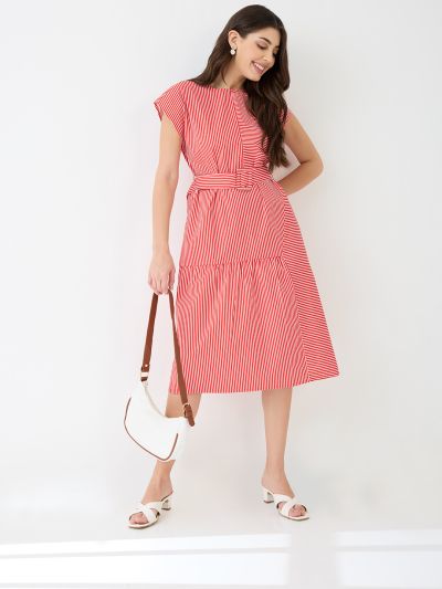 Globus Women Red Round Neck Extended Sleeves Striped Gathered A-Line Midi Dress With Belt
