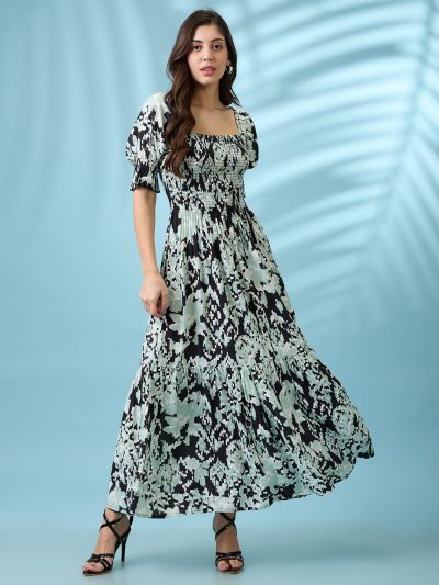 Globus Women Black Abstract Printed Square Neck Puff Sleeves Smocked Tiered Fit & Flare Maxi Dress