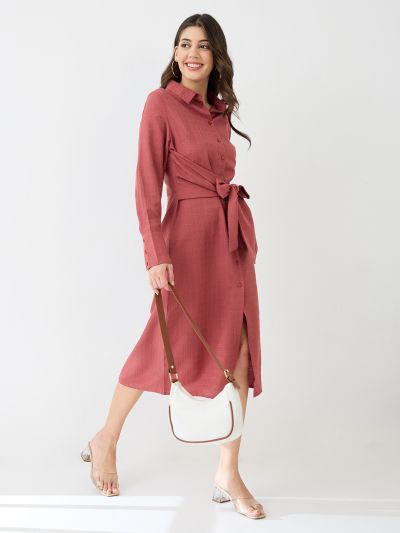 Globus Women Pink Collared Neck Cuffed Sleeves Self Design Waist Tie-Ups Midi Workwear Shirt Dress