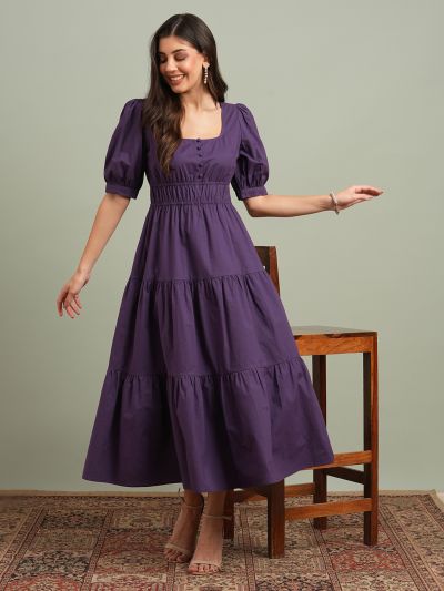 Globus Women Mauve Square Neck Puff Sleeves Solid Tiered Fit & Flare Maxi Resort Dress