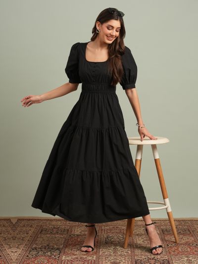 Globus Women Black Square Neck Puff Sleeves Solid Tiered Fit & Flare Maxi Resort Dress