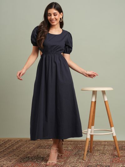 Globus Women Navy Blue Round Neck Puff Sleeves Solid Cut Out Detail Fit & Flare Midi Resort Dress