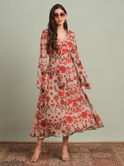 Globus Women Red V-Neck Bell Sleeves Floral Print Georgette Midi A-Line Dress