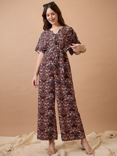 Globus Women Multi Floral Print Round Neck with V Cut Kimono Sleeves Waist Tie-Up Longline Fusion Jumpsuit