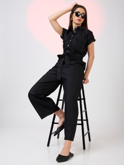 Globus Women Black Shirt Collar Extended Sleeves Front Pockets Utility Belted Jumpsuit