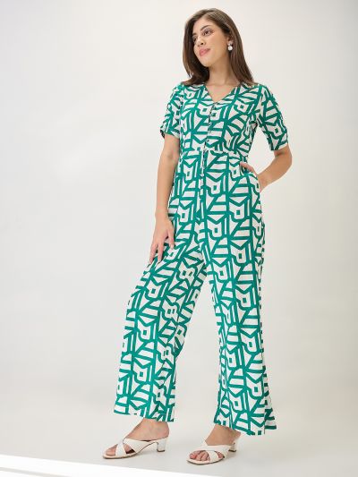 Globus Women Green V-Neck Ruched Sleeves Abstract Print Longline Jumpsuit