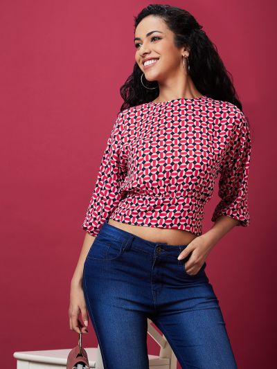 Globus Women Pink Geometric Print Back Bow Tie Up Crop Top