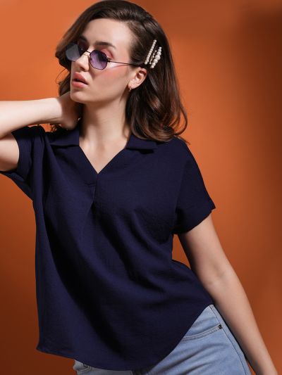 Globus Women Navy Blue Collared Neck Extended Sleeves Self Design Shirt Style Workwear Top