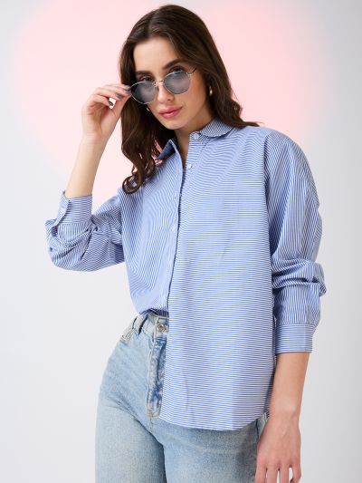 Globus Women Blue Collared Neck Cuffed Sleeves Striped Pattern Oversized Shirt Style Work Wear Top